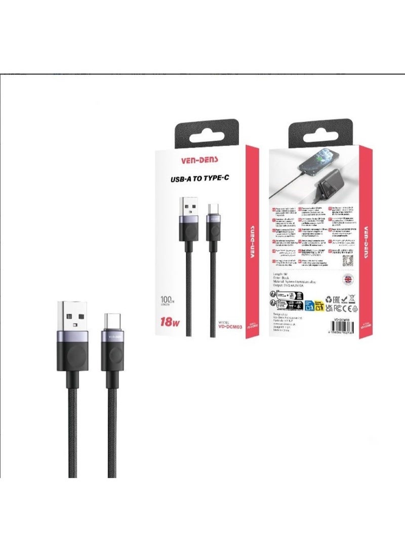 فين ديونز كابل شحن ونقل بيانات سريع USB-A إلى Type-C بقوة 18 واط، كابل متين للهواتف الذكية وبنوك الطاقة - 1 متر - Image 1